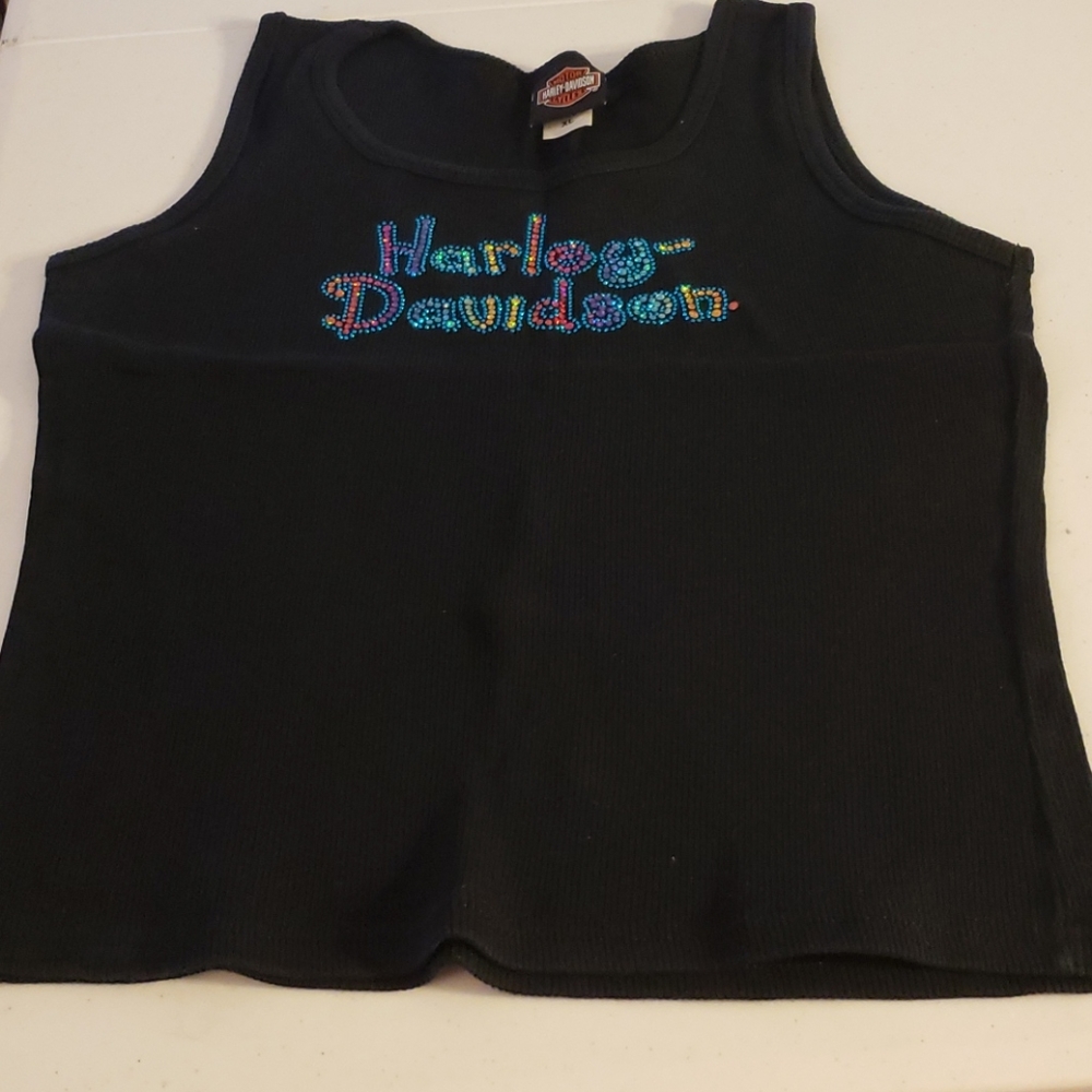 Harley-Davidson Black Ribbed Tank with Multicolor Rhinestone Script - Picture 3 of 5